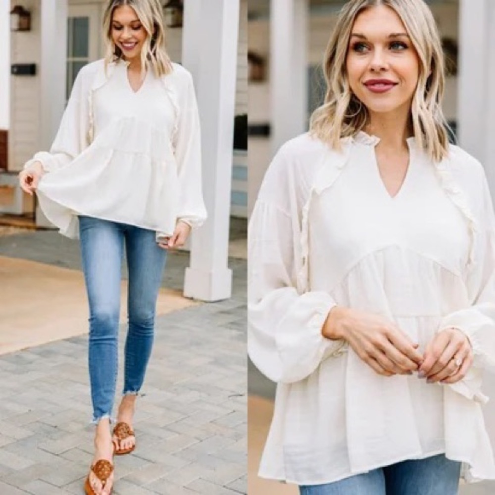 Entró All Caught Up Cream White Ruffled Bohemian Tunic Blouse Size M NWT